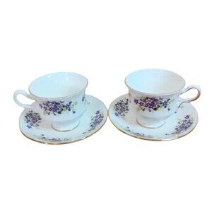 Set x2 Vintage Queen Anne Tea Cup & Saucer Purple Violet‎ Bone China England
